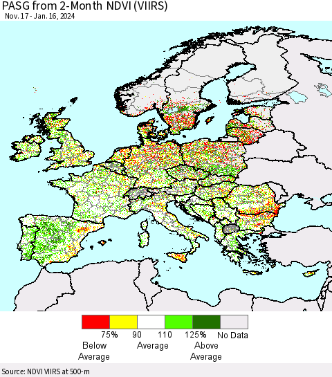 Europe PASG from 2-Month NDVI (VIIRS) Thematic Map For 1/9/2024 - 1/16/2024