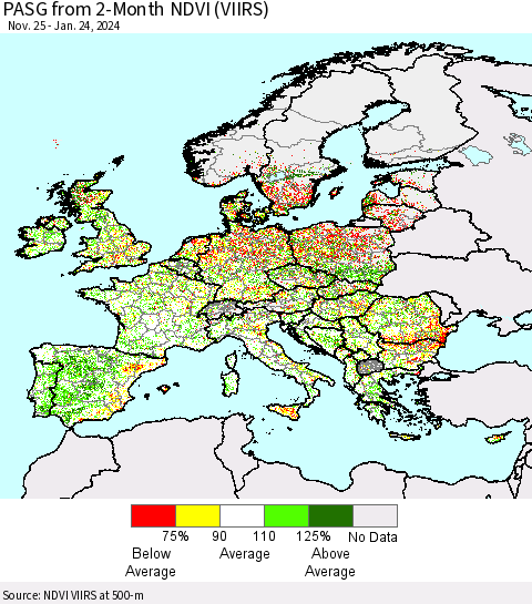 Europe PASG from 2-Month NDVI (VIIRS) Thematic Map For 1/17/2024 - 1/24/2024