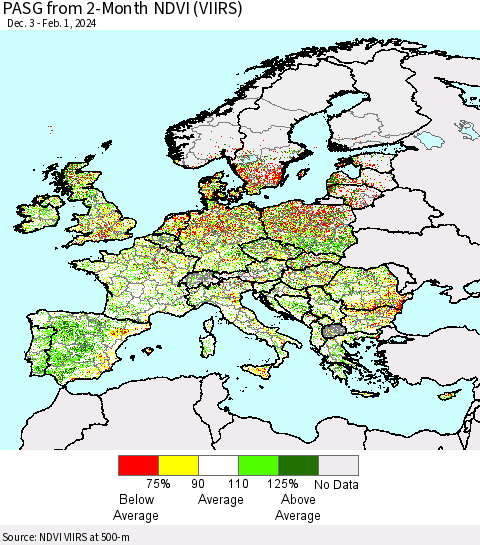Europe PASG from 2-Month NDVI (VIIRS) Thematic Map For 1/25/2024 - 2/1/2024