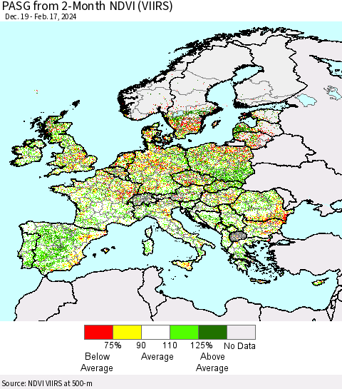 Europe PASG from 2-Month NDVI (VIIRS) Thematic Map For 2/10/2024 - 2/17/2024