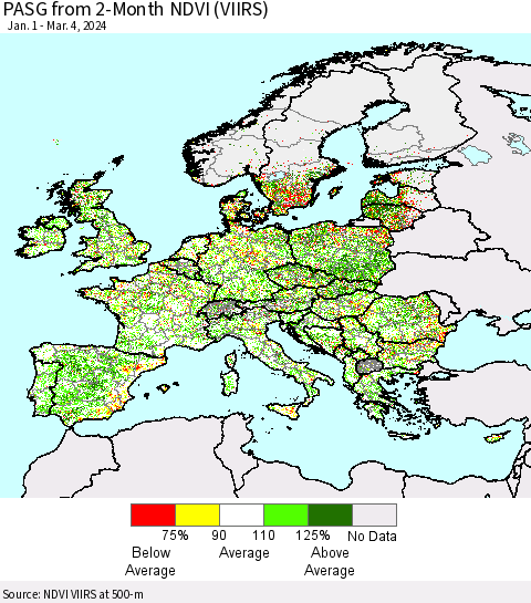 Europe PASG from 2-Month NDVI (VIIRS) Thematic Map For 2/26/2024 - 3/4/2024