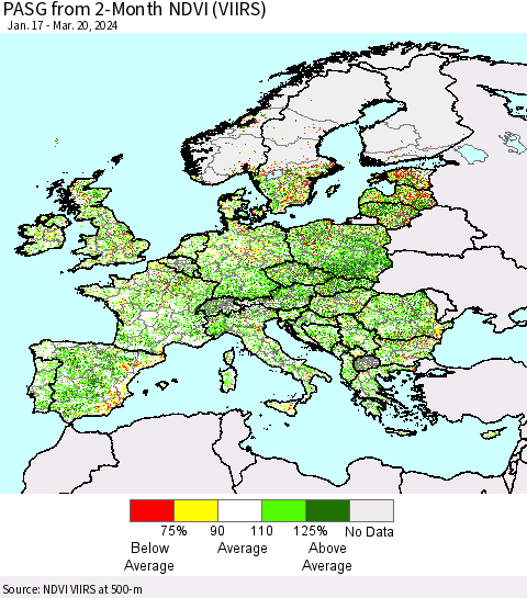 Europe PASG from 2-Month NDVI (VIIRS) Thematic Map For 3/13/2024 - 3/20/2024