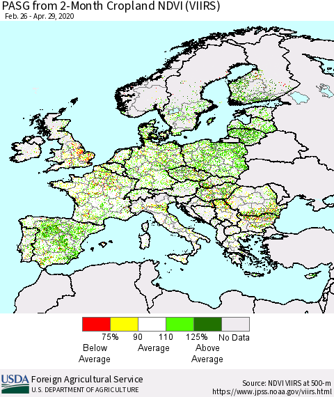 Europe PASG from 2-Month Cropland NDVI (VIIRS) Thematic Map For 4/21/2020 - 4/30/2020