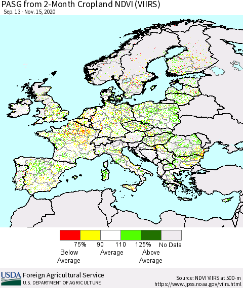 Europe PASG from 2-Month Cropland NDVI (VIIRS) Thematic Map For 11/11/2020 - 11/20/2020