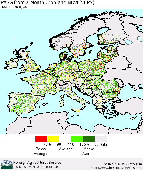 Europe PASG from 2-Month Cropland NDVI (VIIRS) Thematic Map For 1/1/2021 - 1/10/2021