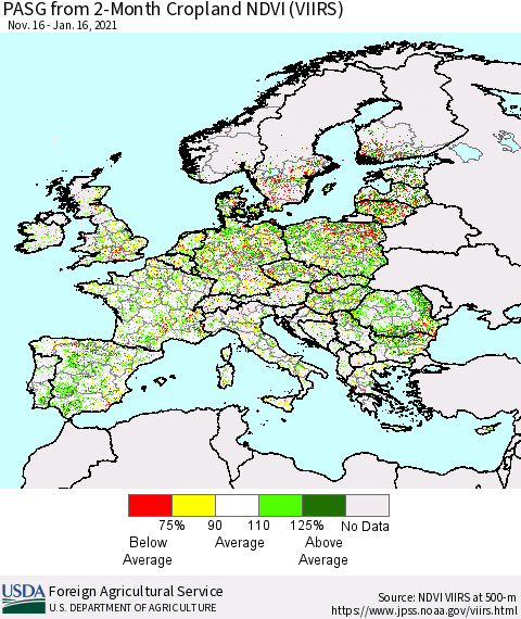 Europe PASG from 2-Month Cropland NDVI (VIIRS) Thematic Map For 1/11/2021 - 1/20/2021