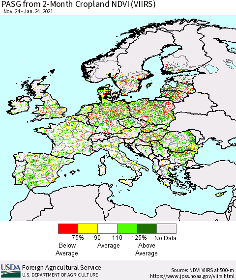 Europe PASG from 2-Month Cropland NDVI (VIIRS) Thematic Map For 1/21/2021 - 1/31/2021