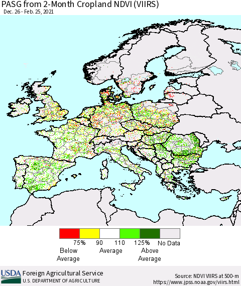 Europe PASG from 2-Month Cropland NDVI (VIIRS) Thematic Map For 2/21/2021 - 2/28/2021