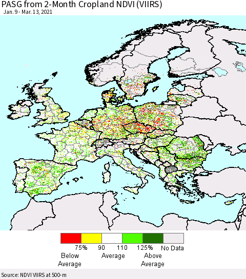 Europe PASG from 2-Month Cropland NDVI (VIIRS) Thematic Map For 3/6/2021 - 3/13/2021