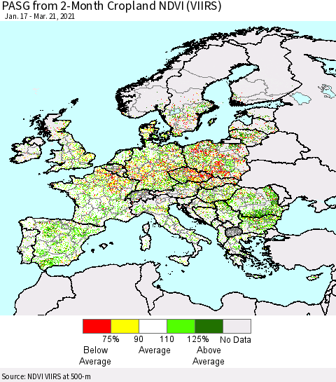 Europe PASG from 2-Month Cropland NDVI (VIIRS) Thematic Map For 3/14/2021 - 3/21/2021