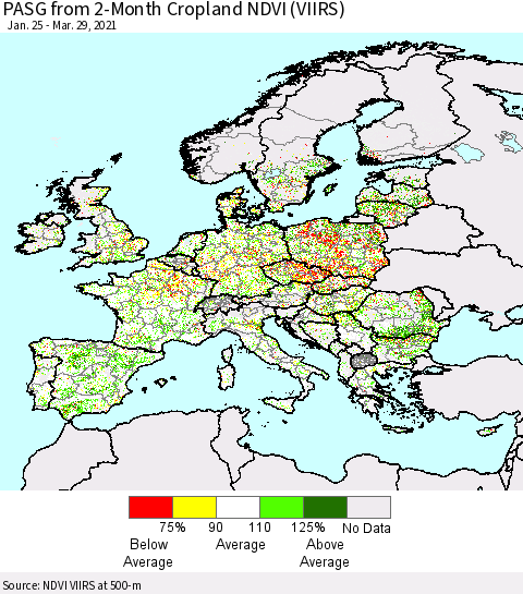 Europe PASG from 2-Month Cropland NDVI (VIIRS) Thematic Map For 3/22/2021 - 3/29/2021