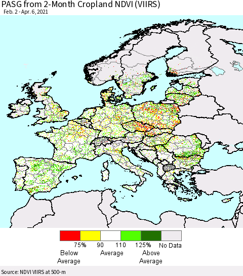 Europe PASG from 2-Month Cropland NDVI (VIIRS) Thematic Map For 3/30/2021 - 4/6/2021