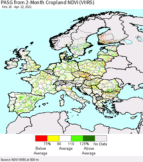 Europe PASG from 2-Month Cropland NDVI (VIIRS) Thematic Map For 4/15/2021 - 4/22/2021