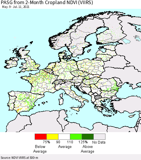 Europe PASG from 2-Month Cropland NDVI (VIIRS) Thematic Map For 7/4/2021 - 7/11/2021