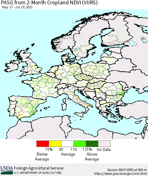 Europe PASG from 2-Month Cropland NDVI (VIIRS) Thematic Map For 7/11/2021 - 7/20/2021