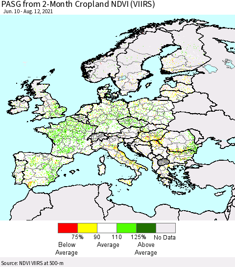 Europe PASG from 2-Month Cropland NDVI (VIIRS) Thematic Map For 8/5/2021 - 8/12/2021
