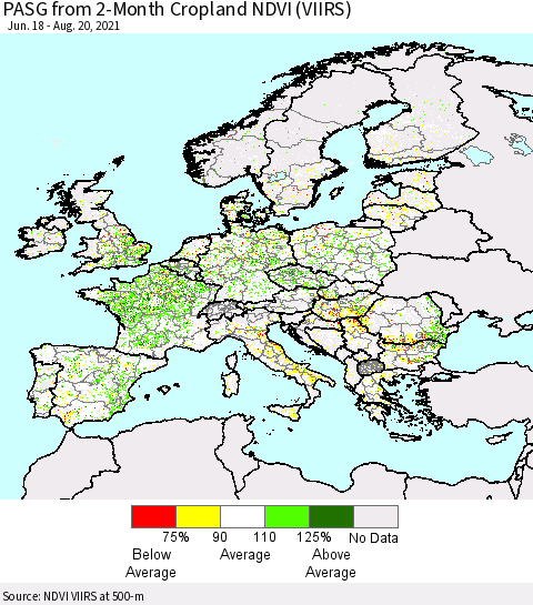 Europe PASG from 2-Month Cropland NDVI (VIIRS) Thematic Map For 8/11/2021 - 8/20/2021