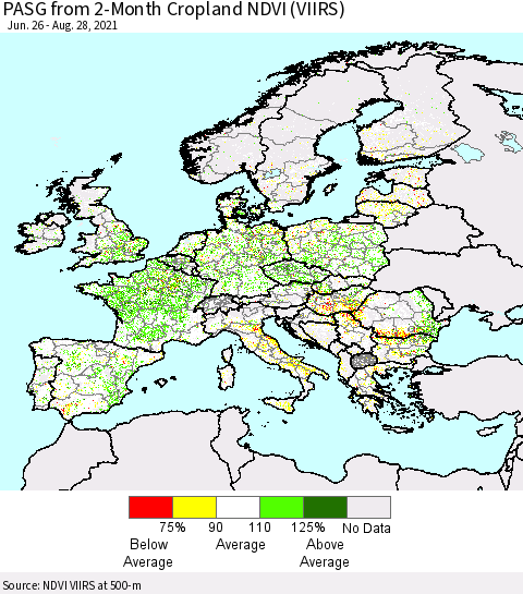Europe PASG from 2-Month Cropland NDVI (VIIRS) Thematic Map For 8/21/2021 - 8/28/2021