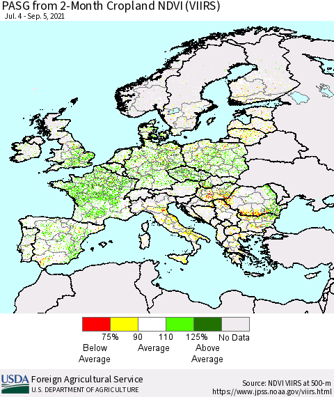 Europe PASG from 2-Month Cropland NDVI (VIIRS) Thematic Map For 9/1/2021 - 9/10/2021