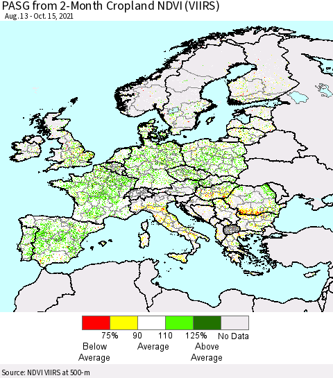 Europe PASG from 2-Month Cropland NDVI (VIIRS) Thematic Map For 10/8/2021 - 10/15/2021