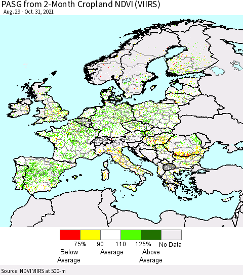 Europe PASG from 2-Month Cropland NDVI (VIIRS) Thematic Map For 10/24/2021 - 10/31/2021
