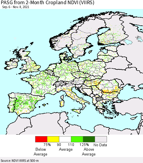 Europe PASG from 2-Month Cropland NDVI (VIIRS) Thematic Map For 11/1/2021 - 11/8/2021