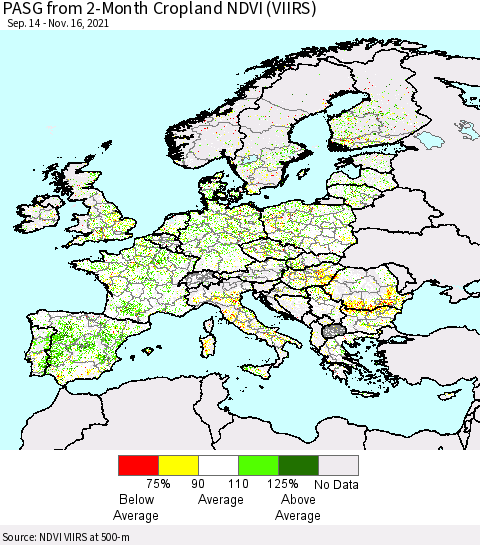 Europe PASG from 2-Month Cropland NDVI (VIIRS) Thematic Map For 11/9/2021 - 11/16/2021