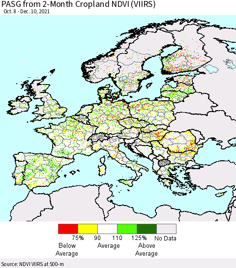 Europe PASG from 2-Month Cropland NDVI (VIIRS) Thematic Map For 12/3/2021 - 12/10/2021