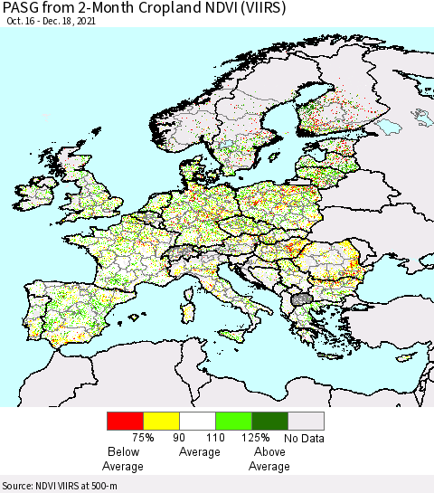 Europe PASG from 2-Month Cropland NDVI (VIIRS) Thematic Map For 12/11/2021 - 12/18/2021