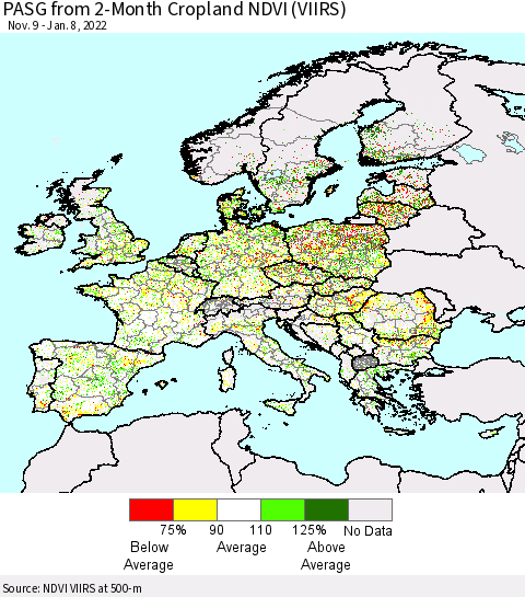 Europe PASG from 2-Month Cropland NDVI (VIIRS) Thematic Map For 1/1/2022 - 1/8/2022