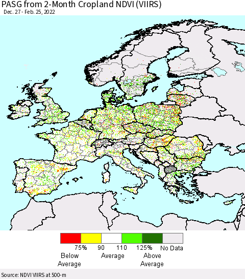 Europe PASG from 2-Month Cropland NDVI (VIIRS) Thematic Map For 2/18/2022 - 2/25/2022