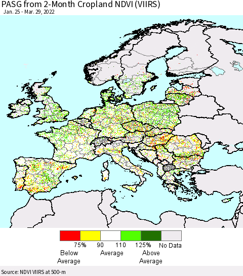 Europe PASG from 2-Month Cropland NDVI (VIIRS) Thematic Map For 3/22/2022 - 3/29/2022