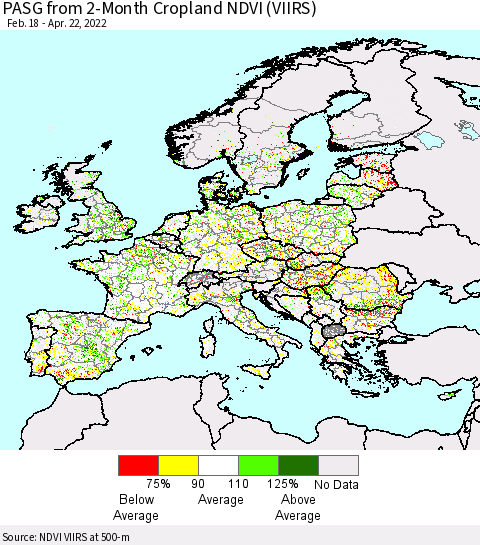 Europe PASG from 2-Month Cropland NDVI (VIIRS) Thematic Map For 4/15/2022 - 4/22/2022