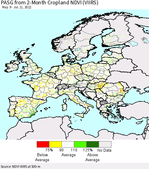 Europe PASG from 2-Month Cropland NDVI (VIIRS) Thematic Map For 7/4/2022 - 7/11/2022