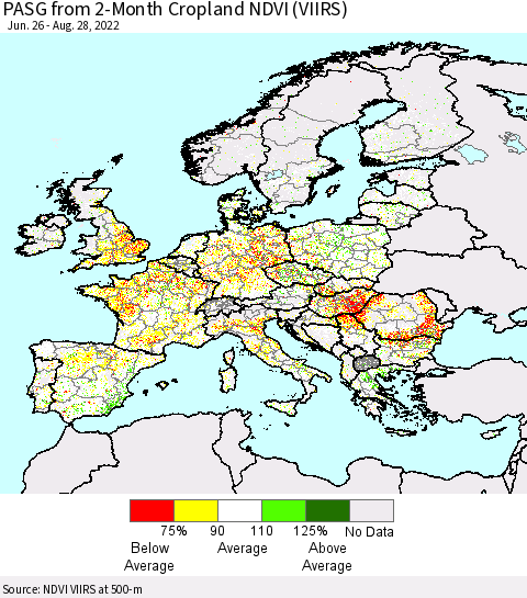 Europe PASG from 2-Month Cropland NDVI (VIIRS) Thematic Map For 8/21/2022 - 8/28/2022
