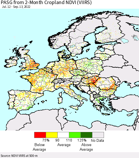 Europe PASG from 2-Month Cropland NDVI (VIIRS) Thematic Map For 9/6/2022 - 9/13/2022
