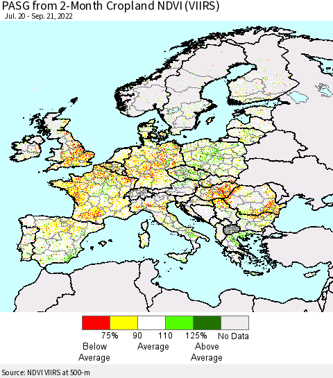 Europe PASG from 2-Month Cropland NDVI (VIIRS) Thematic Map For 9/14/2022 - 9/21/2022
