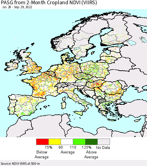 Europe PASG from 2-Month Cropland NDVI (VIIRS) Thematic Map For 9/22/2022 - 9/29/2022