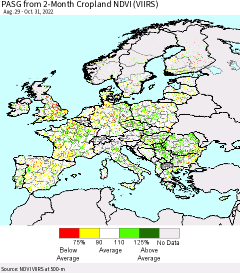 Europe PASG from 2-Month Cropland NDVI (VIIRS) Thematic Map For 10/24/2022 - 10/31/2022