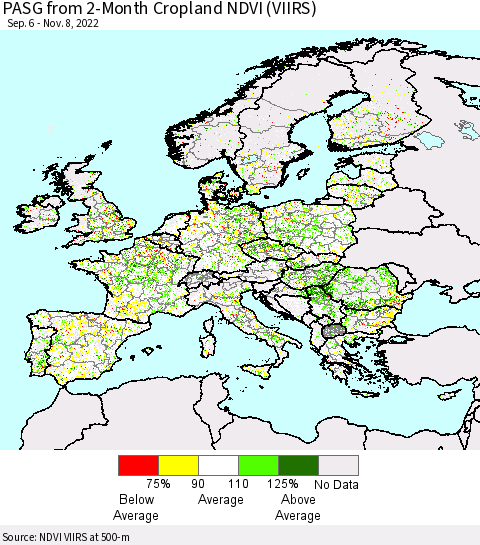 Europe PASG from 2-Month Cropland NDVI (VIIRS) Thematic Map For 11/1/2022 - 11/8/2022