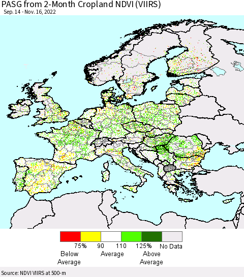 Europe PASG from 2-Month Cropland NDVI (VIIRS) Thematic Map For 11/9/2022 - 11/16/2022