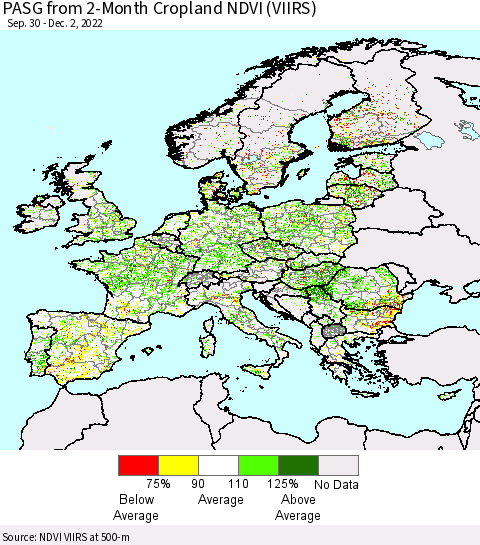 Europe PASG from 2-Month Cropland NDVI (VIIRS) Thematic Map For 11/25/2022 - 12/2/2022