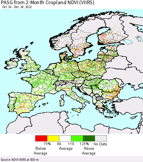 Europe PASG from 2-Month Cropland NDVI (VIIRS) Thematic Map For 12/11/2022 - 12/18/2022