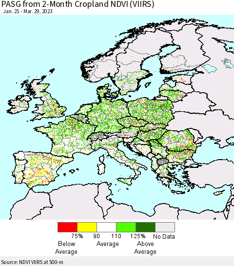 Europe PASG from 2-Month Cropland NDVI (VIIRS) Thematic Map For 3/22/2023 - 3/29/2023