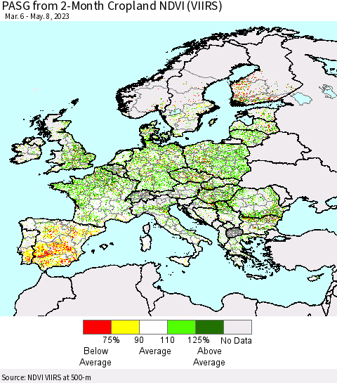 Europe PASG from 2-Month Cropland NDVI (VIIRS) Thematic Map For 5/1/2023 - 5/8/2023