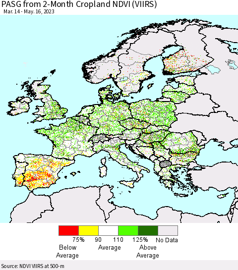 Europe PASG from 2-Month Cropland NDVI (VIIRS) Thematic Map For 5/9/2023 - 5/16/2023