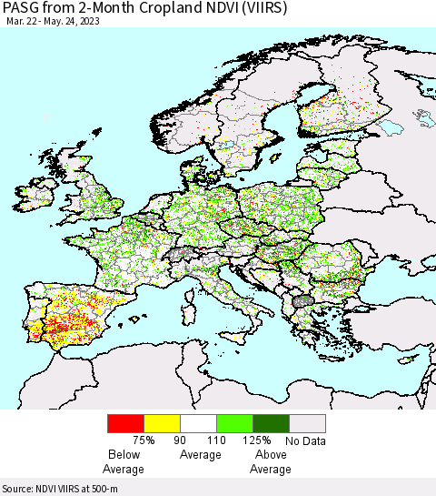 Europe PASG from 2-Month Cropland NDVI (VIIRS) Thematic Map For 5/17/2023 - 5/24/2023
