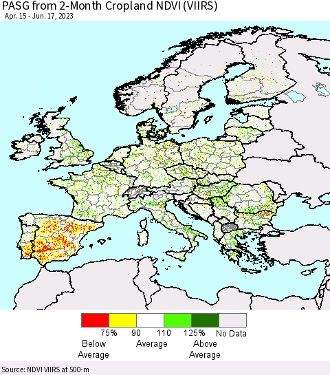 Europe PASG from 2-Month Cropland NDVI (VIIRS) Thematic Map For 6/10/2023 - 6/17/2023