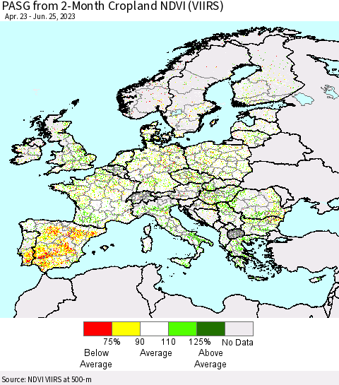 Europe PASG from 2-Month Cropland NDVI (VIIRS) Thematic Map For 6/18/2023 - 6/25/2023