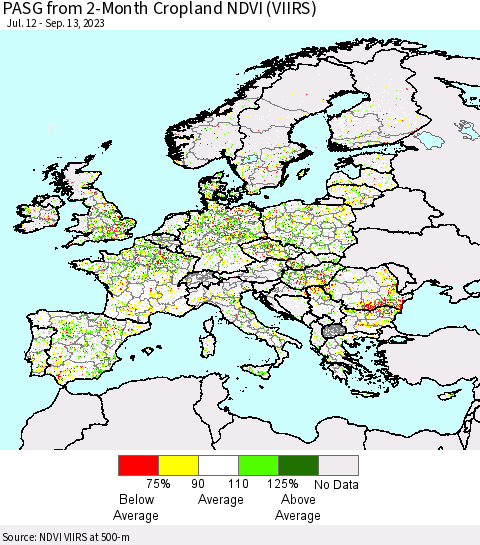 Europe PASG from 2-Month Cropland NDVI (VIIRS) Thematic Map For 9/6/2023 - 9/13/2023